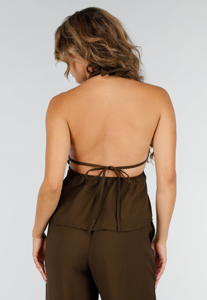 Bruine Halter Top en Wide Leg Broek Set
