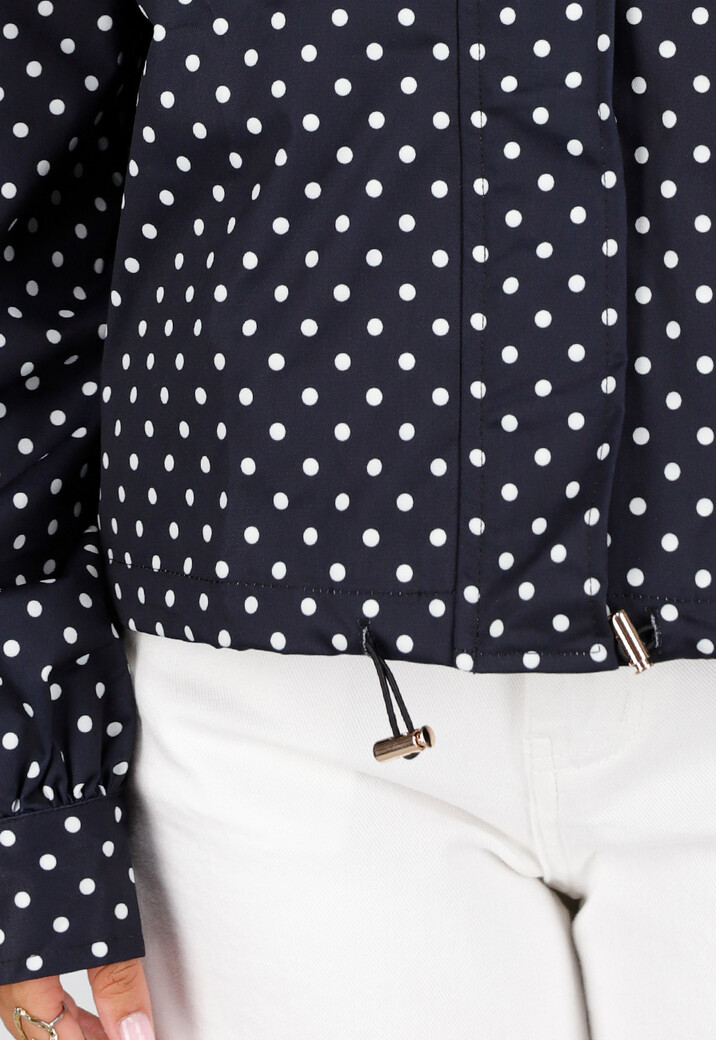 Zwarte Polkadot Jas met Hoge Kraag, Ritssluiting en Trekkoord