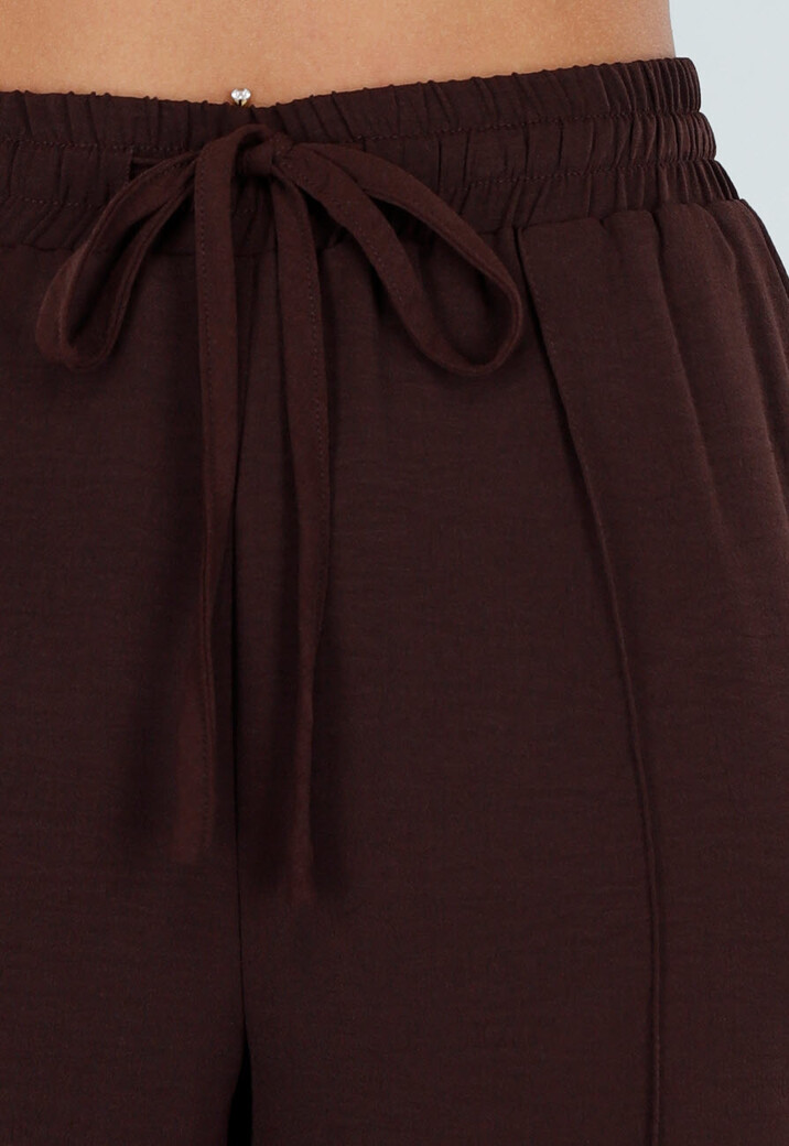 Bruine Wide Leg Broek met Elastische Taille en Strikkoord