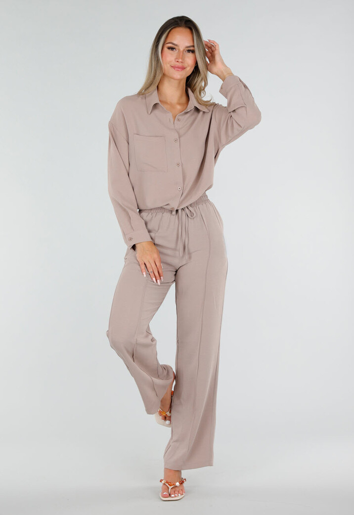 Beige Wide Leg Broek met Elastische Taille en Strikkoord