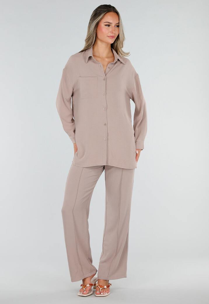 Beige Wide Leg Broek met Elastische Taille en Strikkoord