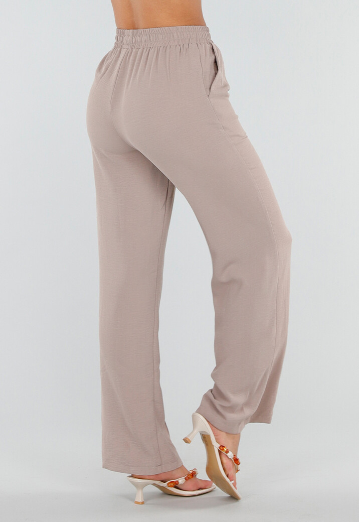 Beige Wide Leg Broek met Elastische Taille en Strikkoord