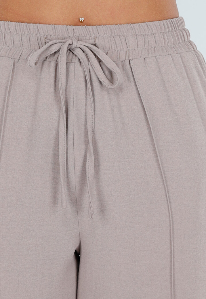 Beige Wide Leg Broek met Elastische Taille en Strikkoord