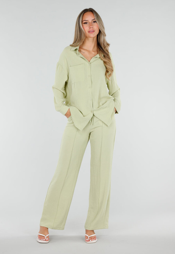 Pistache Wide Leg Broek met Elastische Taille en Strikkoord