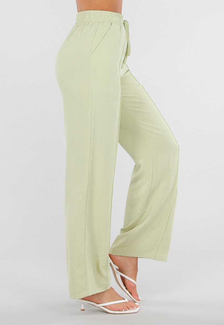 Pistache Wide Leg Broek met Elastische Taille en Strikkoord