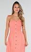 Zalmroze Maxi Jurk met Smock Bodice, Strikbandjes en Knoopsluiting