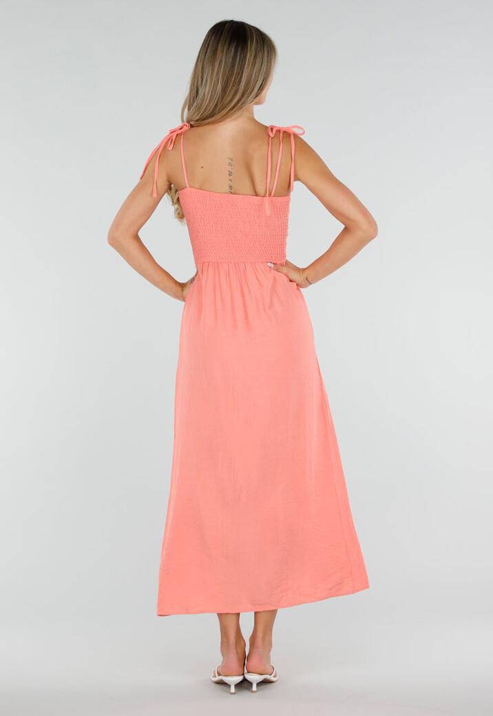 Coral Roze Maxi Jurk met Smock en Strikbandjes