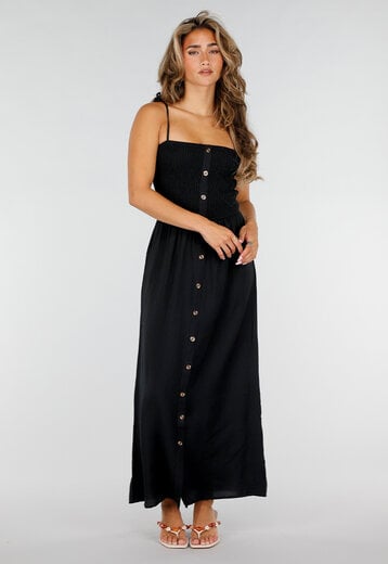 NEW220726 Zwarte Maxi Jurk met Smock en Strikbandjes