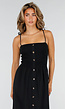 Zwarte Maxi Jurk met Smock Bodice, Strikbandjes en Knoopsluiting