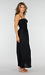 Zwarte Maxi Jurk met Smock Bodice, Strikbandjes en Knoopsluiting