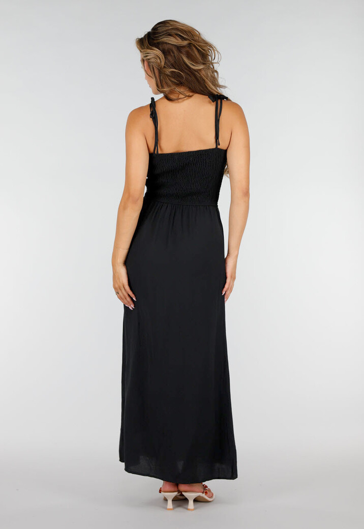 Zwarte Maxi Jurk met Smock Bodice, Strikbandjes en Knoopsluiting