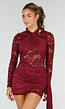 Bordeaux Kant Jurk met Lange Mouwen en Gedrapeerd Detail