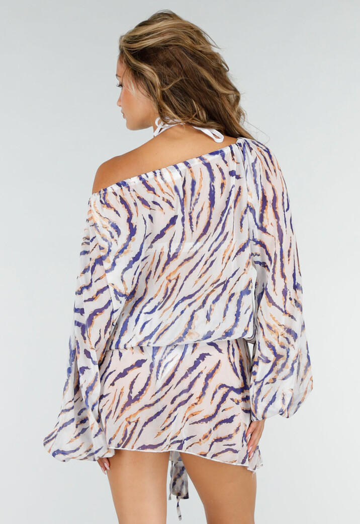 Witte Zebra Print Off Shoulder Jurk met Bandana en Striksluiting
