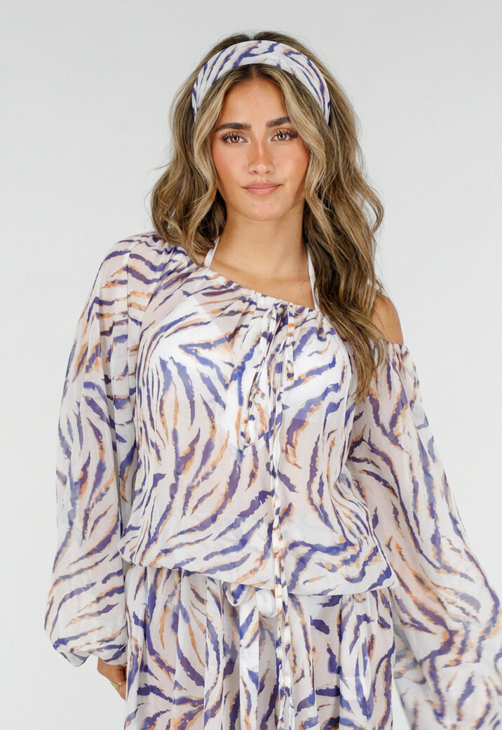 Witte Zebra Print Off Shoulder Jurk met Bandana en Striksluiting