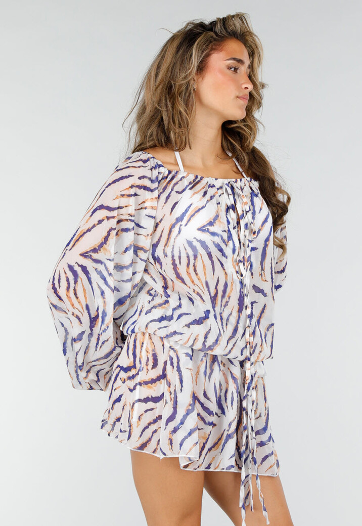 Witte Zebra Print Off Shoulder Jurk met Bandana en Striksluiting