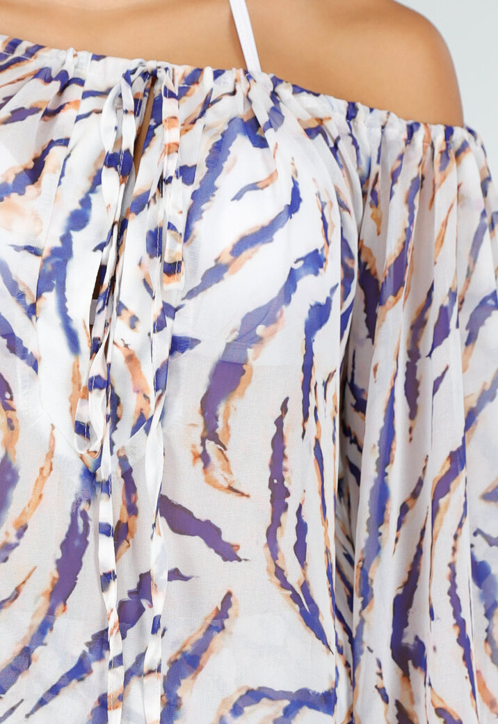 Witte Zebra Print Off Shoulder Jurk met Bandana en Striksluiting