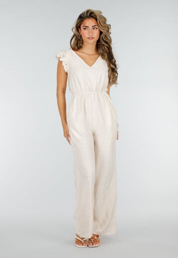 NEW220726 Beige Jumpsuit met Strik en Volantmouwen