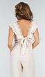 Beige Jumpsuit met V-Hals, Strik op Rug en Volantmouwen