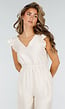 Beige Jumpsuit met V-Hals, Strik op Rug en Volantmouwen