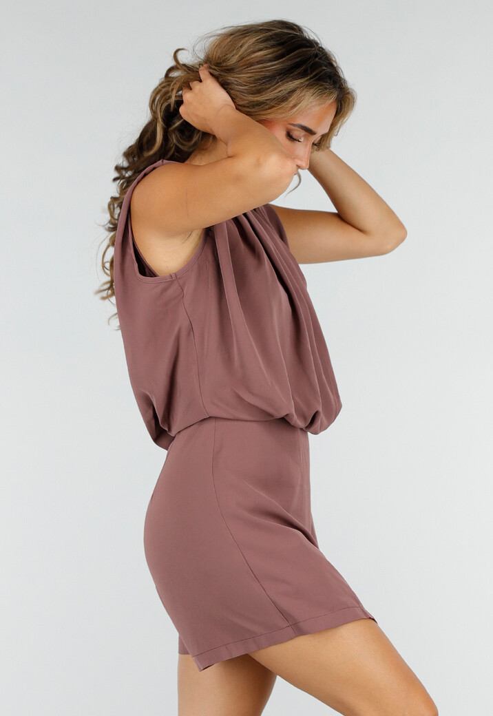 Taupe Mouwloze Playsuit met Overslagrok en Schoudervulling