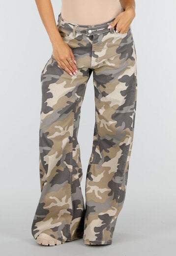 NEW220726 Beige Camouflage Wide Leg Broek
