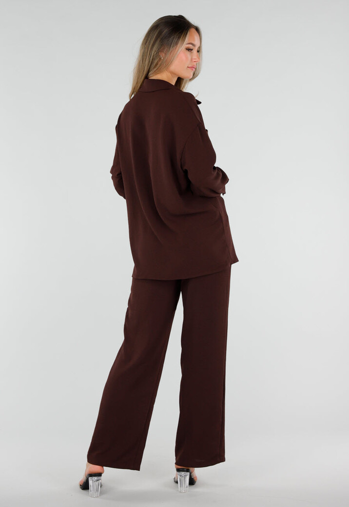 Bruine Oversized Blouse met Lange Mouwen en Knoopsluiting