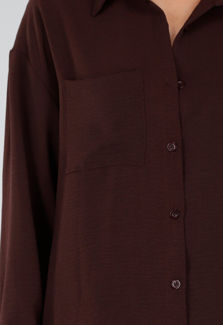 Bruine Oversized Blouse met Lange Mouwen en Knoopsluiting