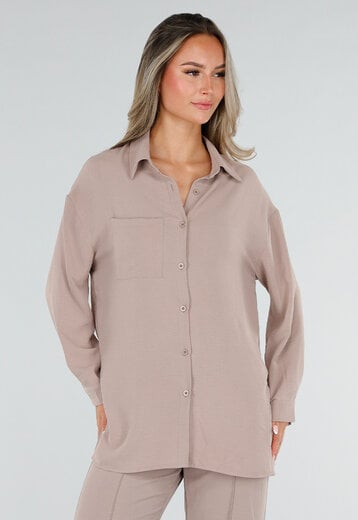 NEW220726 Beige Blouse met Kraag en Knoopsluiting