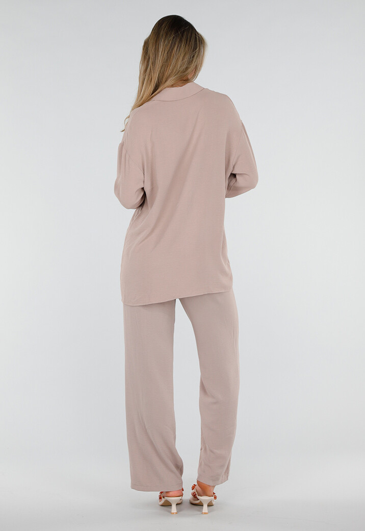 Beige Blouse met Kraag, Knoopsluiting en Lange Mouwen
