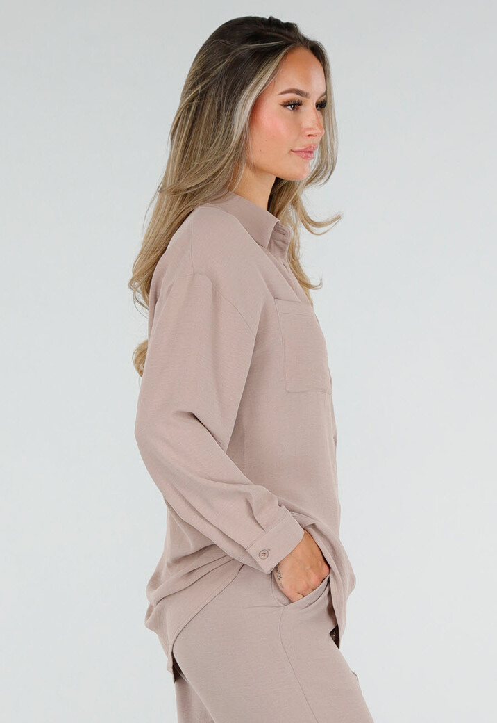 Beige Blouse met Kraag, Knoopsluiting en Lange Mouwen