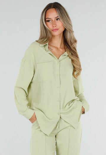 NEW120826 Pistache Blouse met Kraag en Knoopsluiting