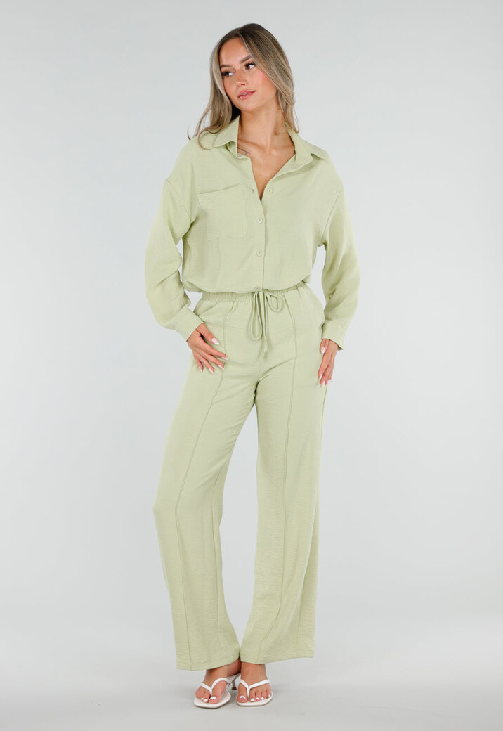 Pistache Blouse met Kraag, Knoopsluiting en Lange Mouwen