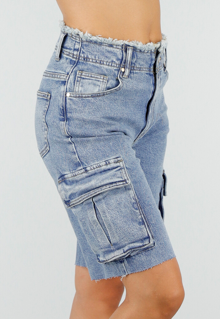 Blauwe Denim Cargo Bermuda Short met Ruwe Zoom