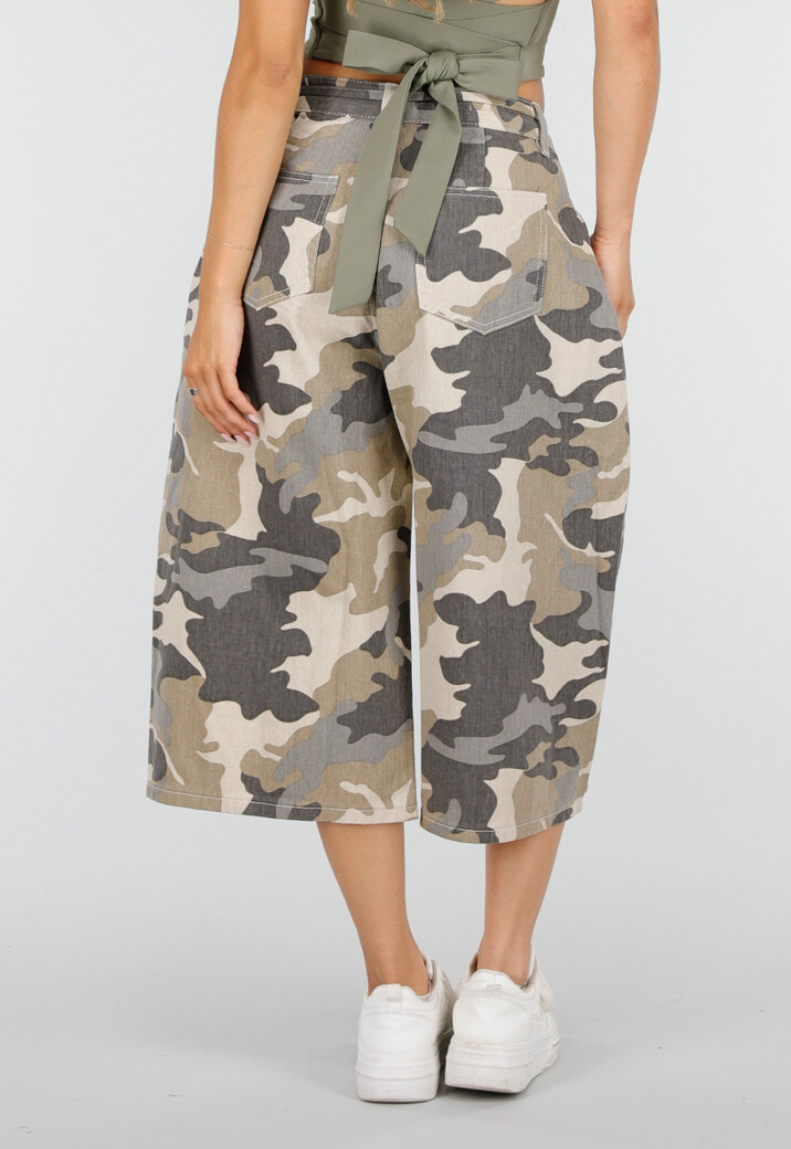 Beige Camouflage Culotte Broek met Lage Taille