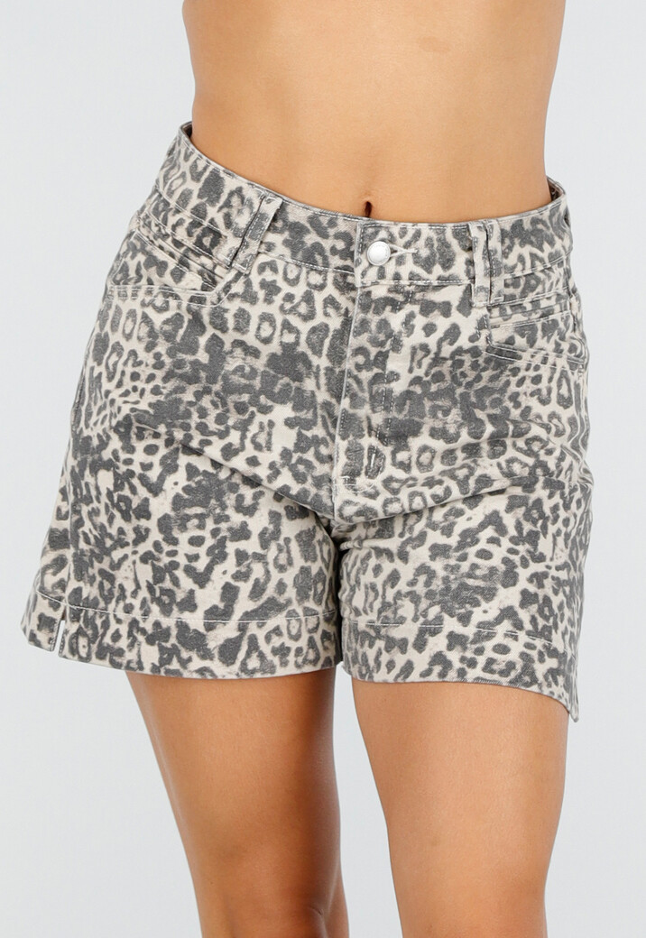 Beige Bruine Leopard Print Shorts met Rechte Pijpen