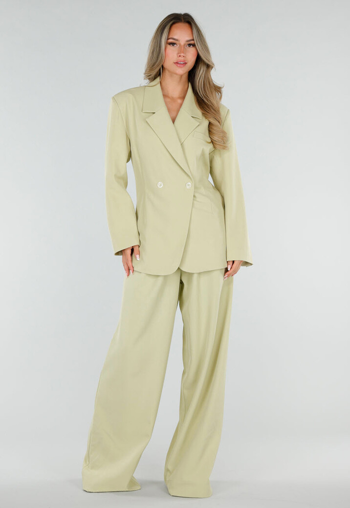 Pistache Groene Double Breasted Getailleerde Blazer met Reverskraag