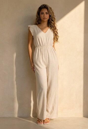 Beige Jumpsuit met Strik en Volantmouwen