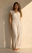 Beige Jumpsuit met V-Hals, Strik op Rug en Volantmouwen