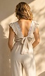 Beige Jumpsuit met V-Hals, Strik op Rug en Volantmouwen