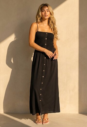 Zwarte Maxi Jurk met Smock en Strikbandjes