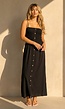 Zwarte Maxi Jurk met Smock Bodice, Strikbandjes en Knoopsluiting