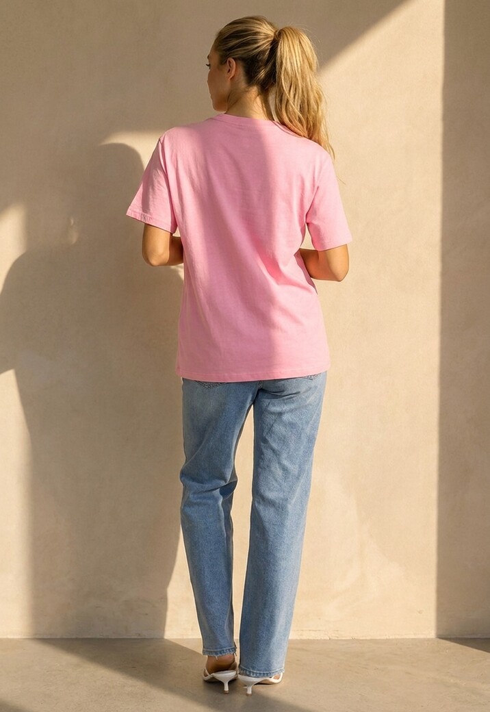 Roze Basic T-Shirt met Ronde Hals en Korte Mouwen