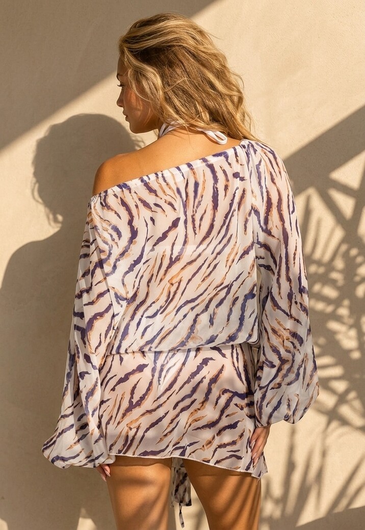 Witte Zebra Print Off Shoulder Jurk met Bandana en Striksluiting