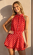 Rode Polkadot Playsuit met Halterhals en Volant