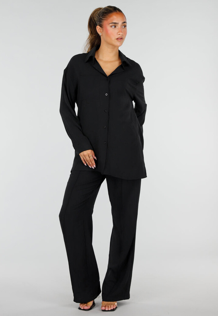 Zwarte Wide Leg Broek met Elastische Taille en Strikkoord