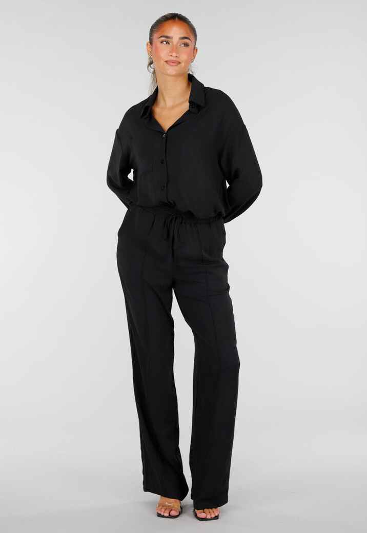 Zwarte Wide Leg Broek met Elastische Taille en Strikkoord