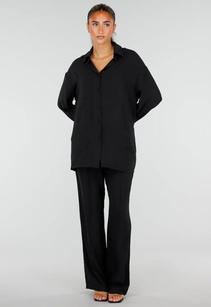 Zwarte Wide Leg Broek met Elastische Taille en Strikkoord