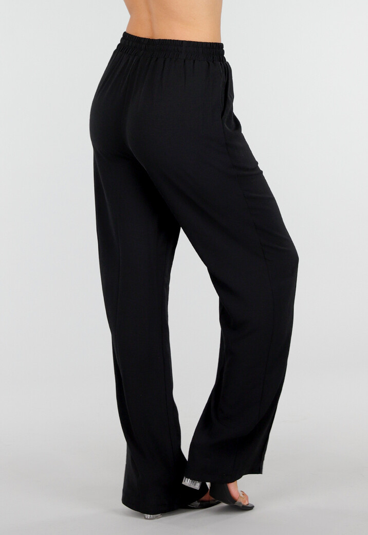 Zwarte Wide Leg Broek met Elastische Taille en Strikkoord