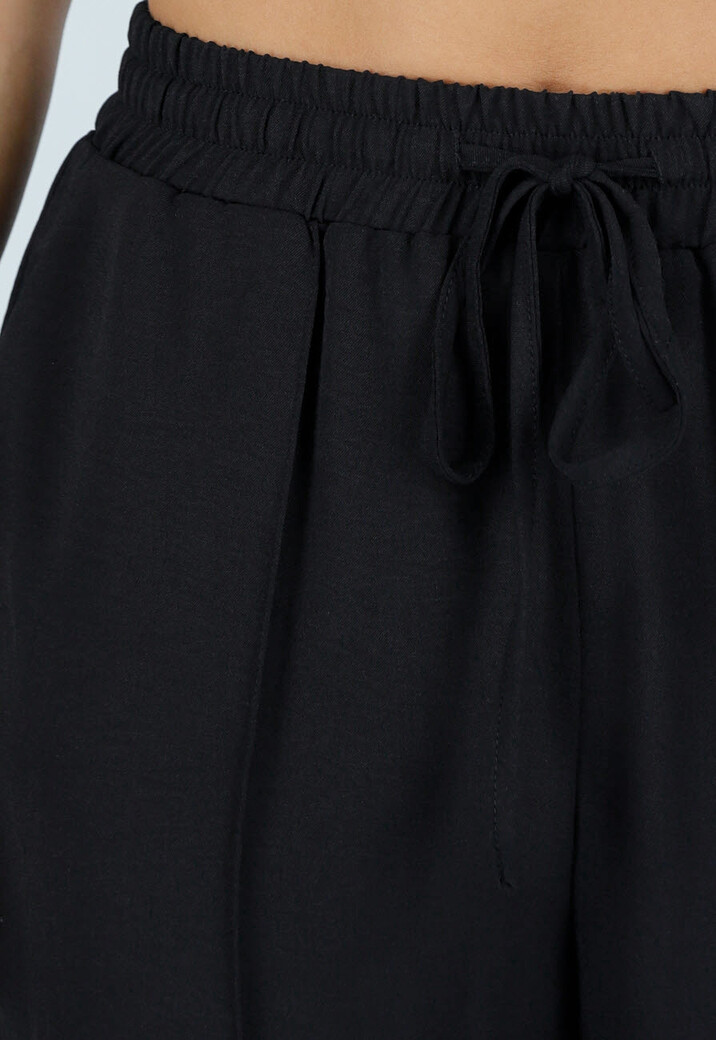 Zwarte Wide Leg Broek met Elastische Taille en Strikkoord