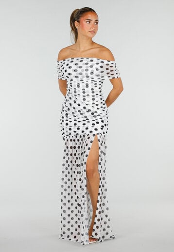 NEW290726 Witte Mesh Maxi Jurk met Zwarte Stippen